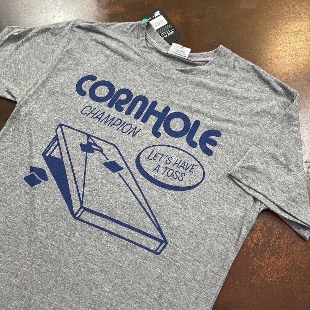 Cornhole Champion Shirt Mens Sml Grey Graphic Tee Backyard Games Toss Sports Fun
